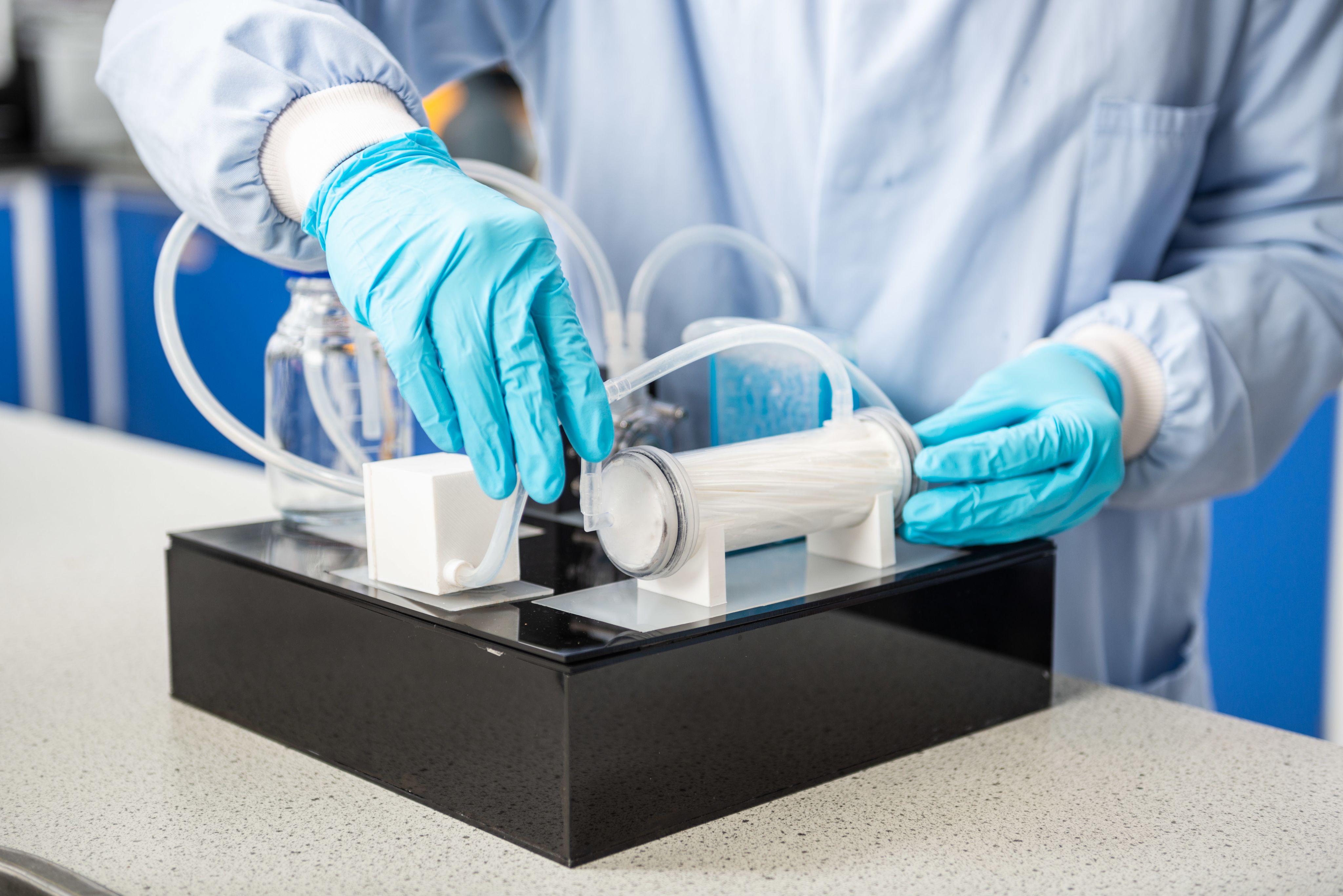 A close up of a bioreactor rig used to culture meat cells