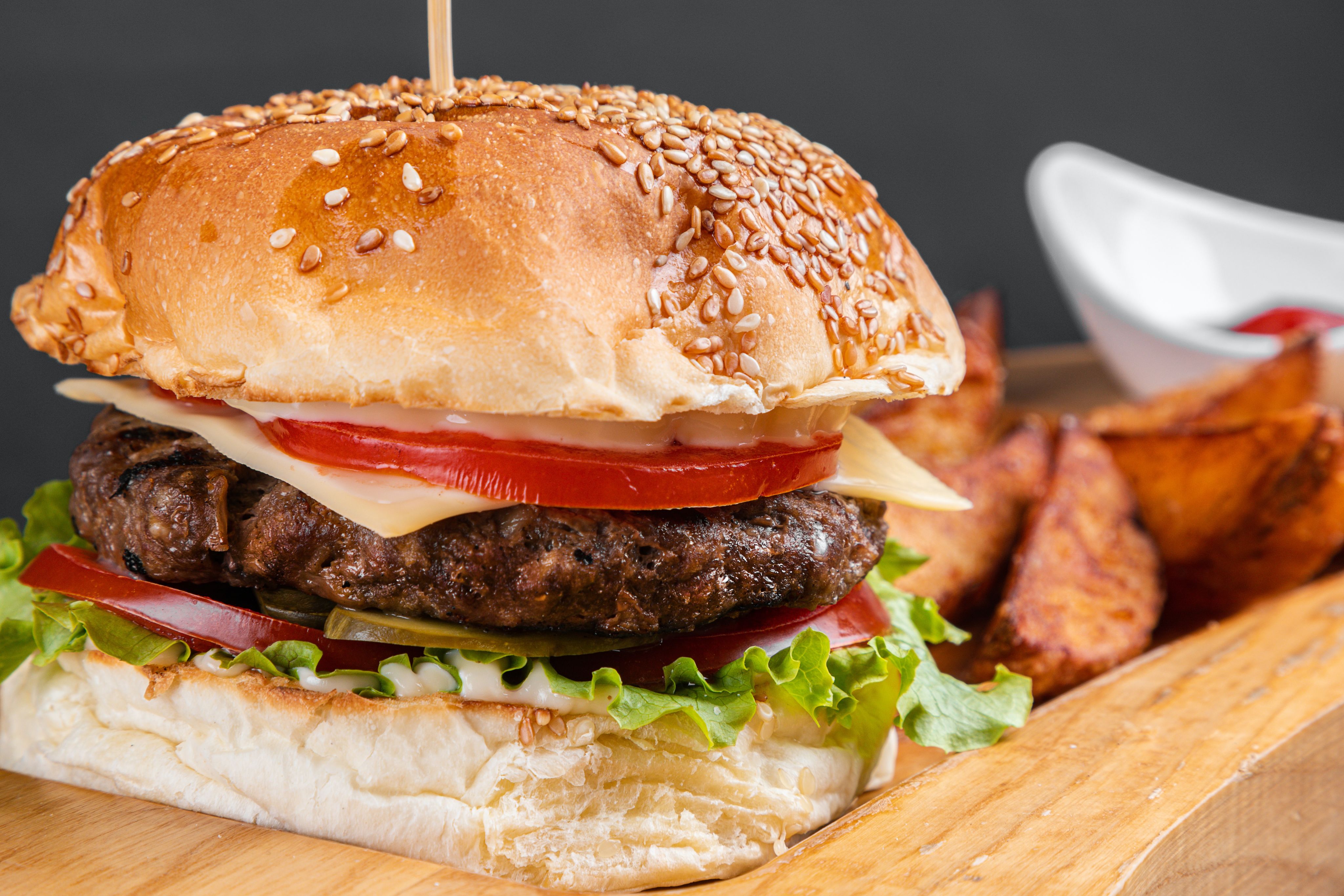 A close up of a beef burger