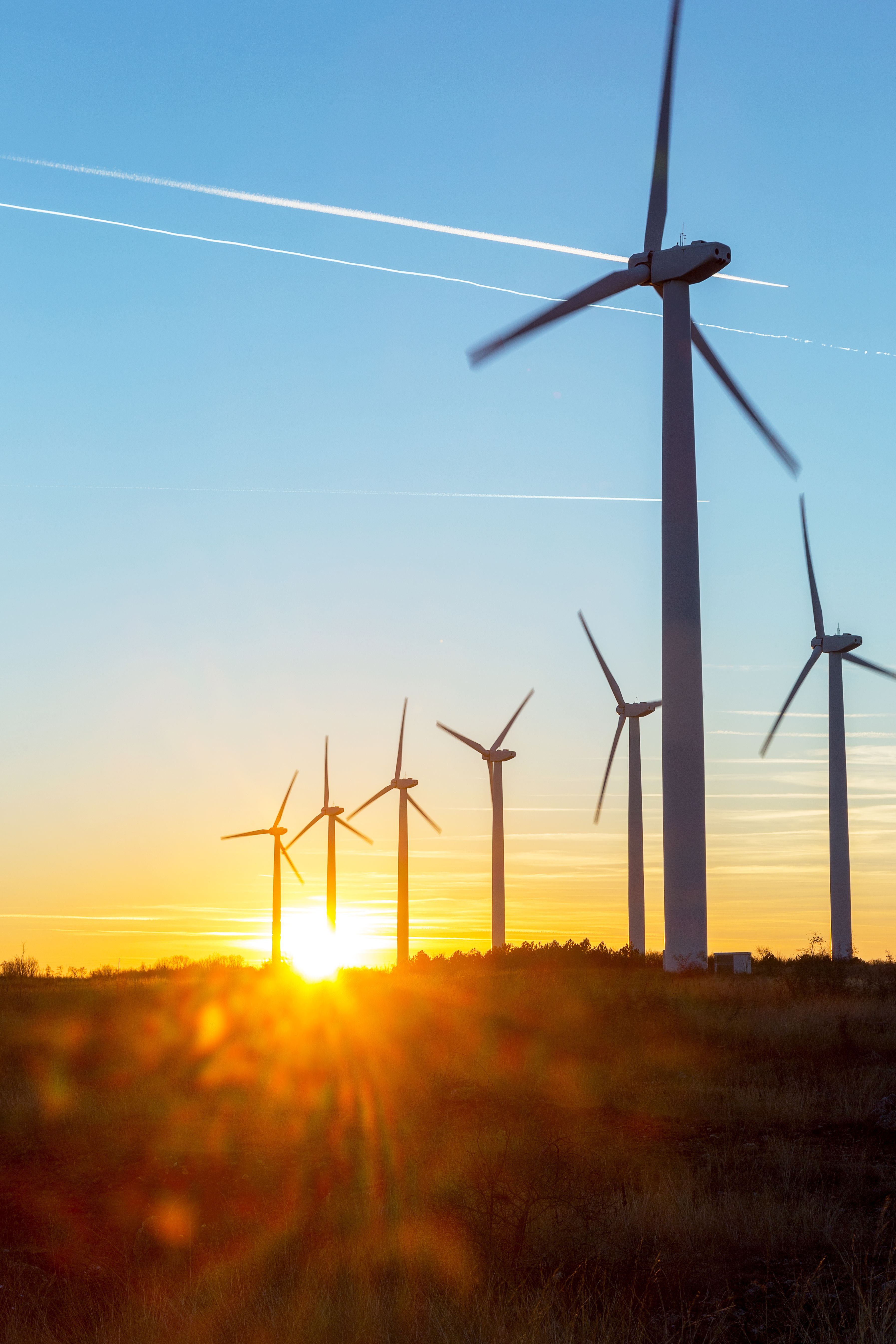 Wind turbines at sunset. Credit: Adobe Stock / Elena