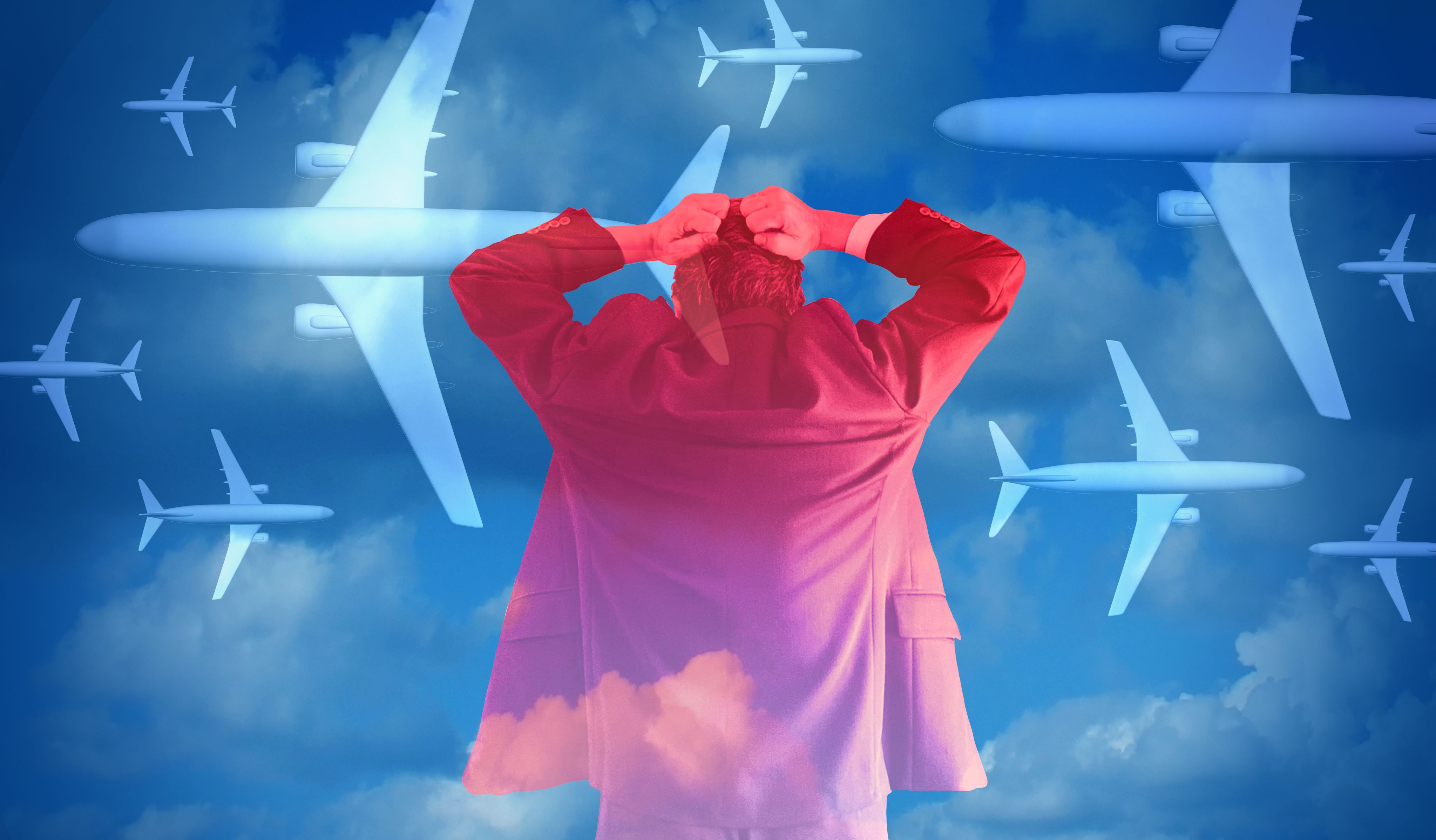 A graphic illustration showing a frustrated airline passenger holding his head against a background of passenger jets