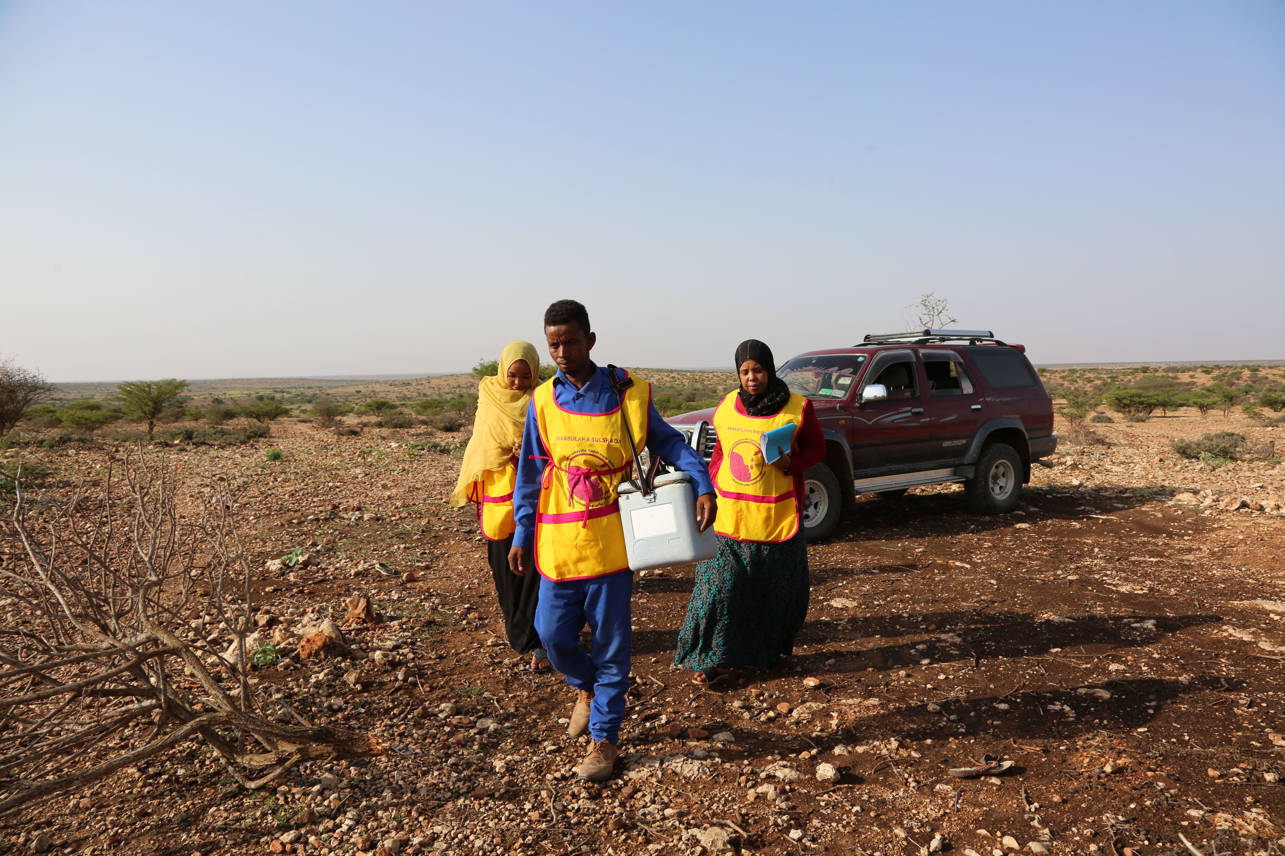 MEdical workers walk across bare land with freezer boxes