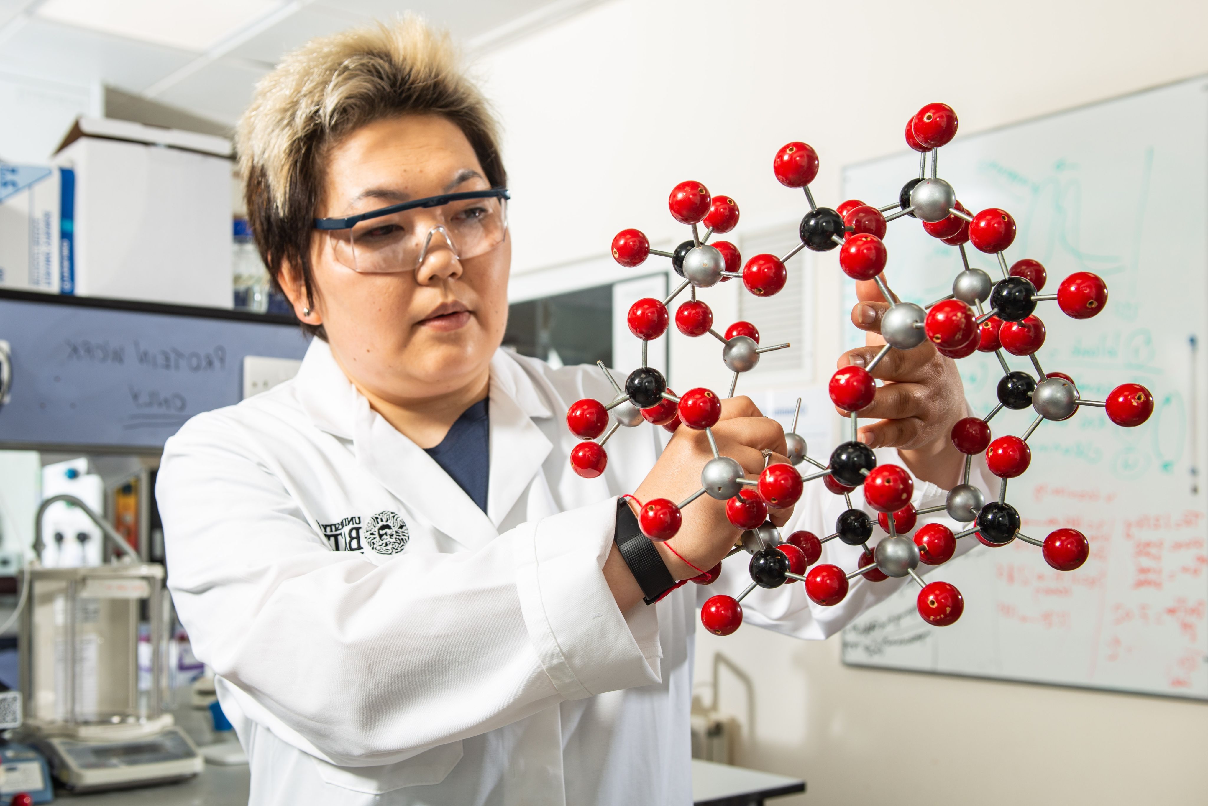Researcher holds a complex 3D molecular structure