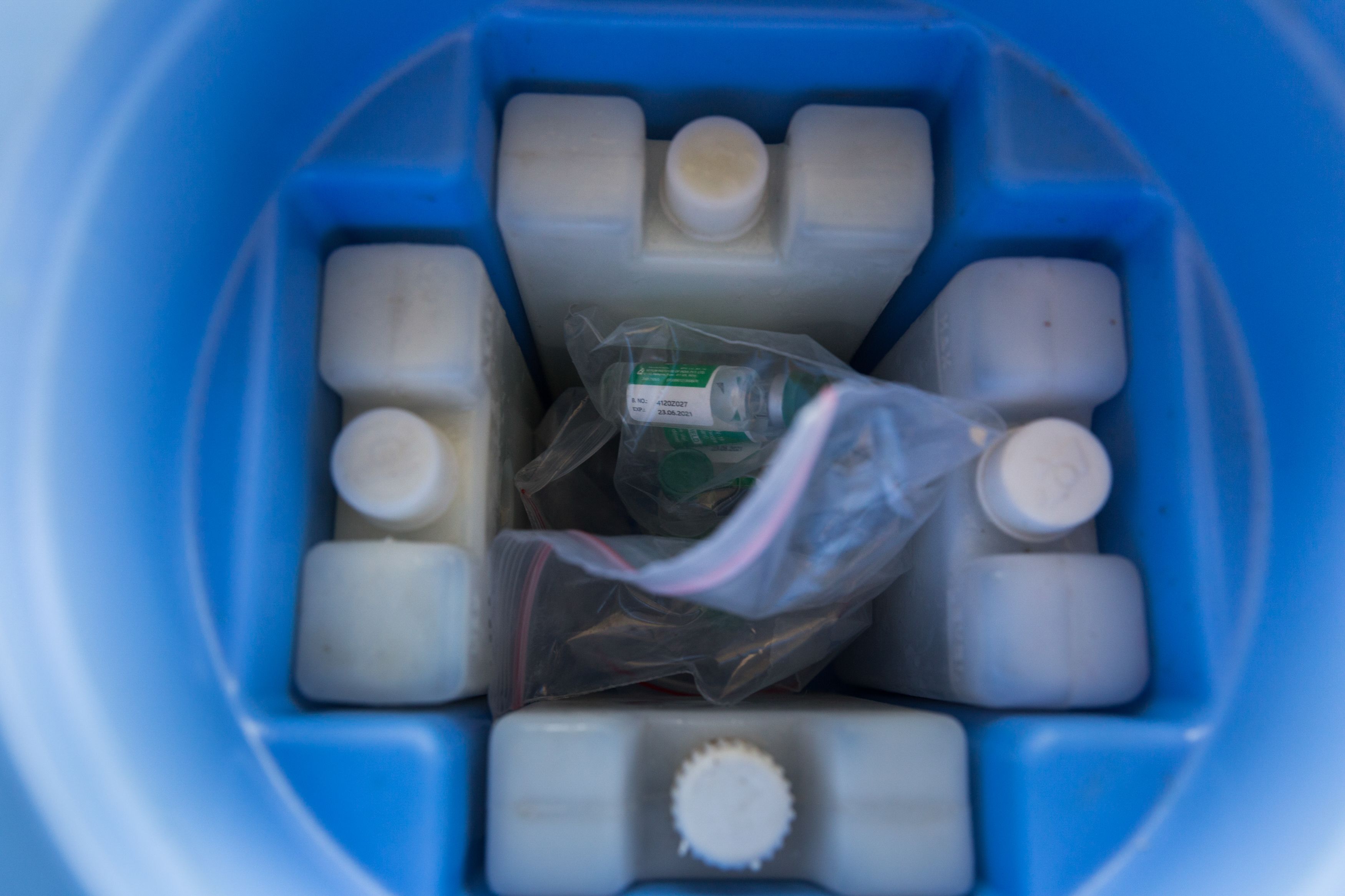 Freezer packs surround medicine in a platsic bag